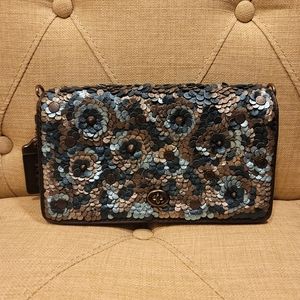 EUC COACH Dinky Leather Sequins 31732 Blue Clutch